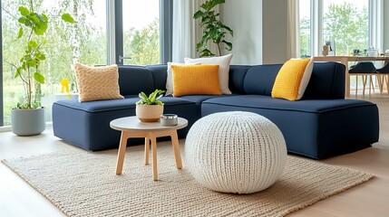 A modern living room featuring a navy sofa with yellow cushions, a round table with a plant, and a cozy rug, accented by natural light and greenery.