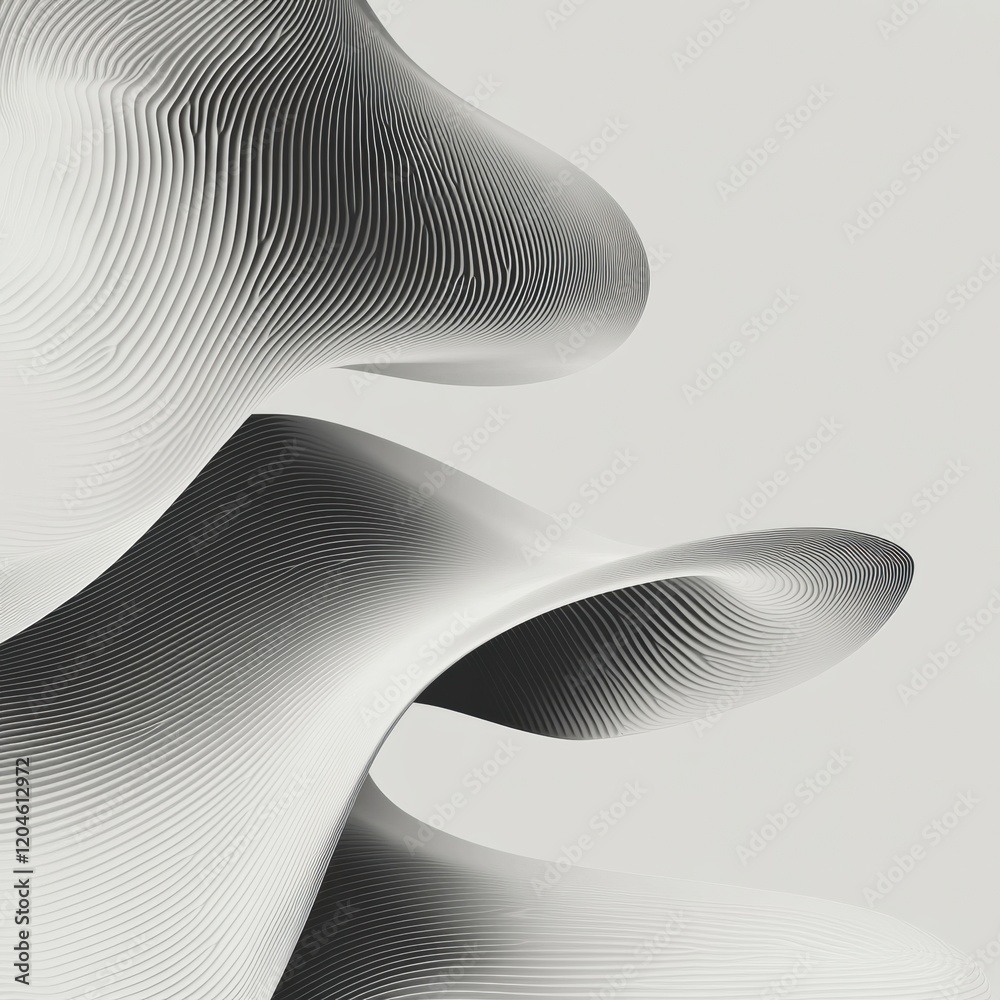Poster Flowing lines create a dynamic abstract pattern with shades of black and white in minimalist design. Generative AI