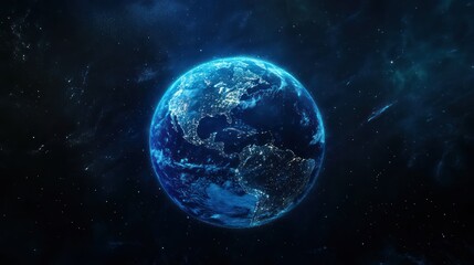 Obraz premium global network and connectivity concept with a glowing planet Earth on a dark blue background.
