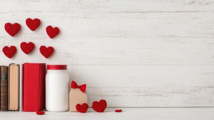 Valentine's Day decor with books and hearts on white wood