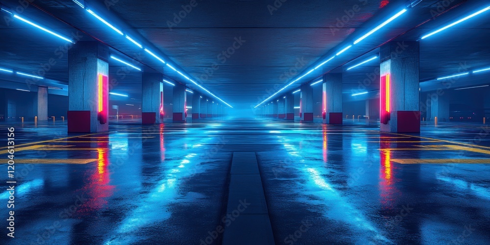 Poster futuristic underground garage neon lights cyberpunk atmosphere 3d rendering modern design ambient fo