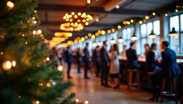 Professionals gather in modern workspace for festive party. Mingle, enjoy drinks in casual attire. Festive decorations, warm lighting create cheerful atmosphere. Christmas tree adds holiday spirit.