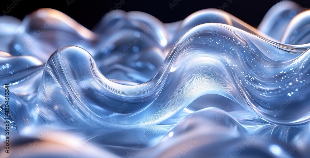Poster abstract glass sculpture with twisting transparent tubes and soft lighting in minimalistic setting