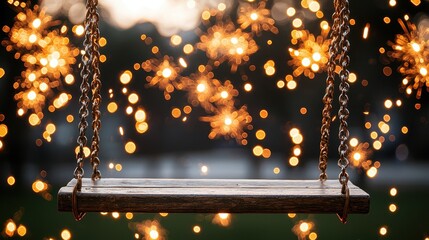 Magical Wooden Swing Set Against Sparkling Fireworks Background at Night