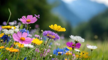 Obraz premium Colorful wildflowers bloom in a sunny alpine meadow with mountains in the background.