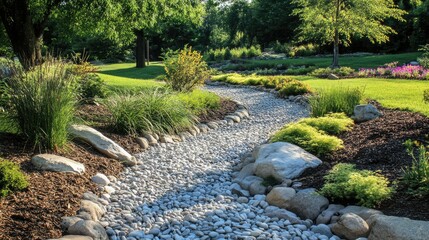 Serene Garden Landscape Design: Dry Creek Bed and Lush Greenery