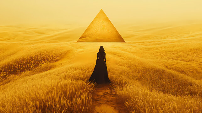An enigmatic figure stands in vast golden fields, her face concealed within a geometric triangular shroud, emanating an air of mystery. generative ai. Golden Pyramid. Illustration