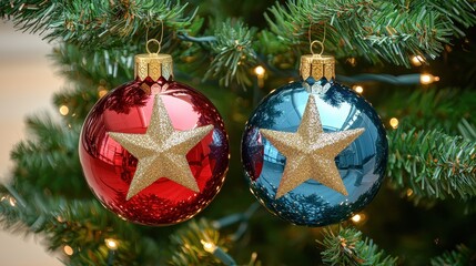 Sparkling Red and Blue Christmas Ornaments with Gold Stars on a Decorated Tree
