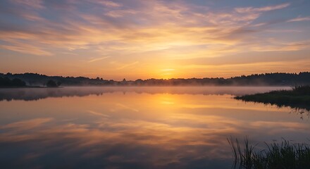 Fototapeta premium Serene calm lake surface reflecting vibrant orange sunset with misty horizon, concept for travel brochure, nature photography and landscape design