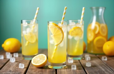 Three glasses of refreshing lemonade with ice cubes and lemon slices on a wooden surface. Iced beverage ready to quench thirst. Sunny summer drink. Yellow citrus fruits. Cool drink on a hot day.
