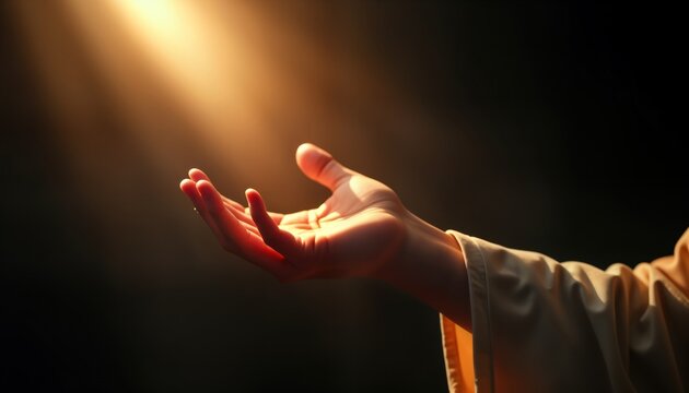 Hand reaches towards radiant light. Hand outstretched in prayer. Spiritual scene. Divine invitation. Religious image evoking peace, comfort. Light hope, faith. Hand gestures acceptance. Photo shows