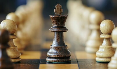 Fototapeta premium Dark Wooden Chess King Among Pawns on Board