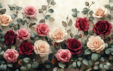 Fototapeta premium Floral Seamless Pattern with Roses and Leaves for Wallpaper and Fabric Design