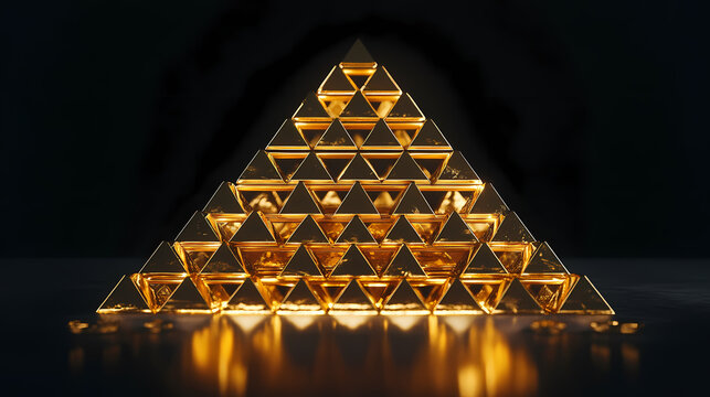 Stacked golden bullion bars forming opulent pyramid display against black background. Golden Pyramid. Illustration