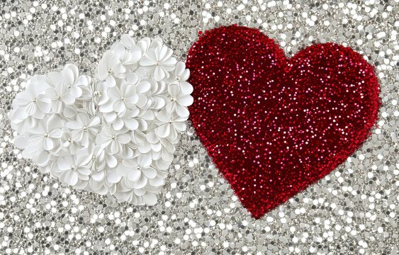 A vibrant display of red and white hearts enhanced with a bokeh effect on a Valentine's Day scene, leaving space for additional copy.
