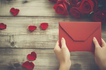 A love note is being penned with delicate hands on red paper, surrounded by roses and scattered petals.