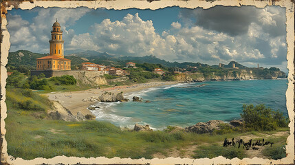 Coastal Town Seascape with Church Tower under a Cloudy Sky