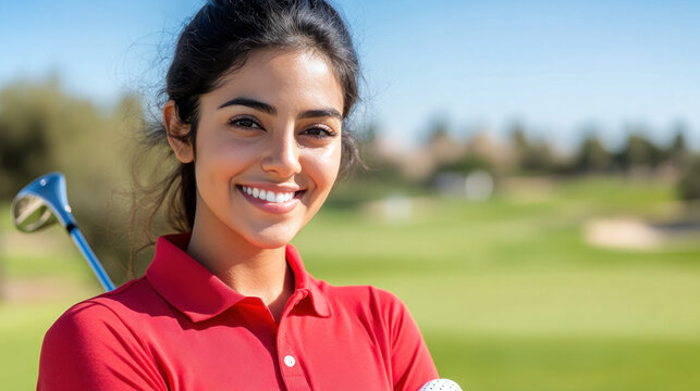 Pakistani golfer woman exercising on green grass field at golf driving range