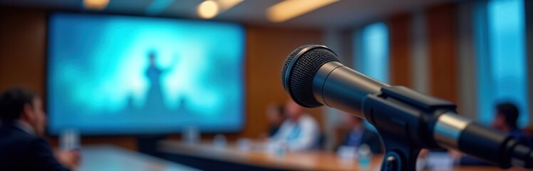 Fototapeta premium Close-up microphone in conference room. Presentation happening in front of screen. Attendees seated in room. Formal, pro atmosphere. Event preparation. Blurred background suggests activity,