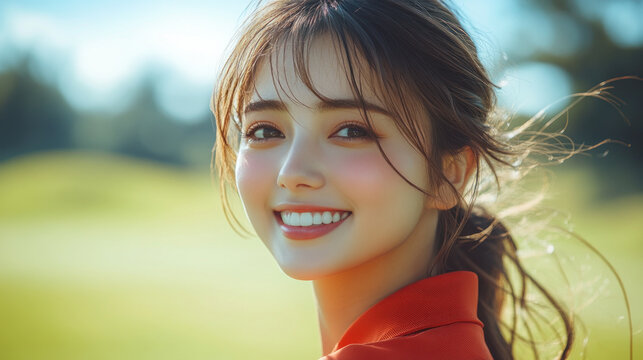 Japanese golfer woman exercising on green grass field at golf driving range