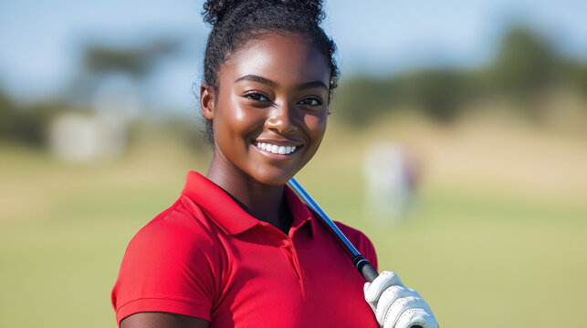 Afro golfer woman exercise at green grass field at golf driving range