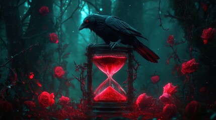 Raven perched on hourglass, red roses, dark forest, fantasy, game art