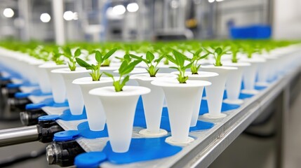 Seedlings in hydroponic system on conveyor belt.