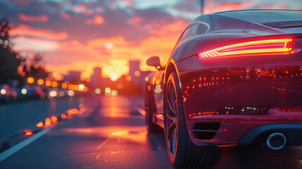 Back view of modern car at parking place with beautiful sunset cityscape. Car travel, car insurance, automobile parking area, car dealership concept.