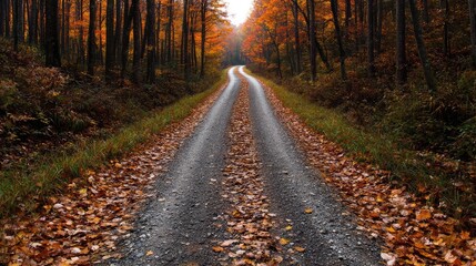 Fototapeta premium Autumnal forest road curving through colorful foliage