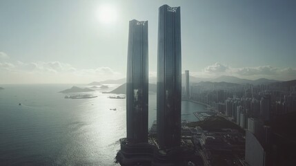 Twin skyscrapers at sunrise, coastal city skyline.