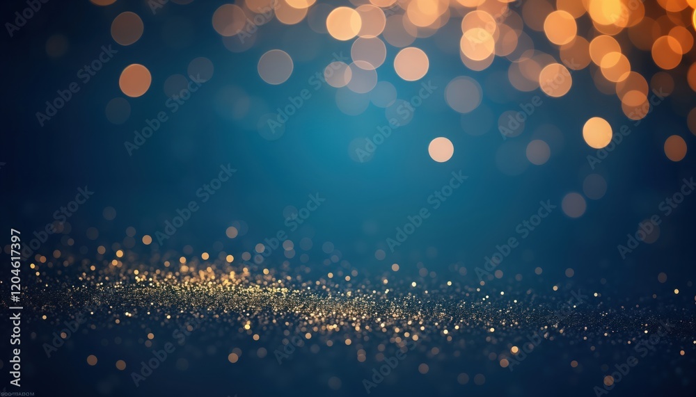 Poster Blue background with glittering gold sparkles, bokeh. Abstract design with scattered gold particles. Suitable for festive celebratory themes. Luxury, sophisticated style. Ideal for holiday special
