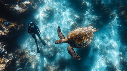 Fototapeta premium Underwater Encounter: Diver and Sea Turtle