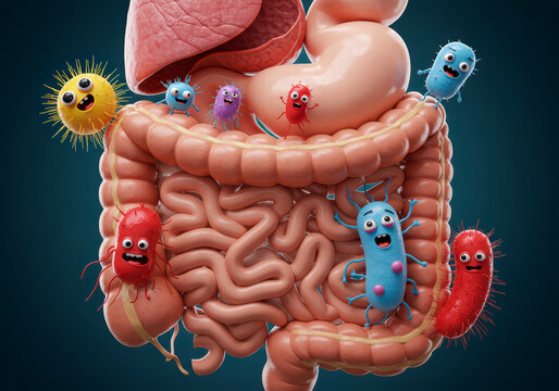 Medical illustration of the intestinal microbiome with bacteria as funny characters, depicting the role of microbiota in digestive tract diseases and research for new treatments.