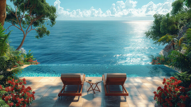 Beautiful luxury swimming pool near beach front with amazing ocean view and deck chairs at sunny day.