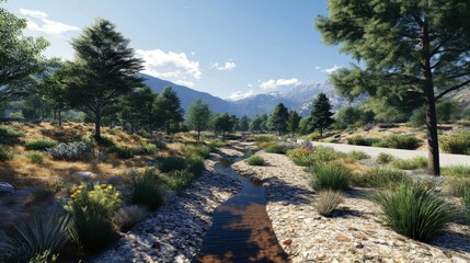 Obraz premium Serene Mountain Stream: A Digital Landscape Painting