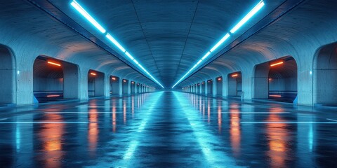 Fototapeta premium Futuristic Underground Parking Lot Cyberpunk Style Neon Lights Modern Architecture