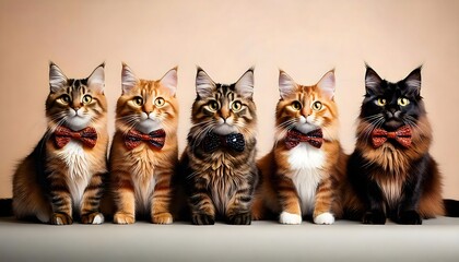 Fototapeta premium Elegant Maine Coon Cats with Vibrant Bow Ties, Lined Up for a Portrait
