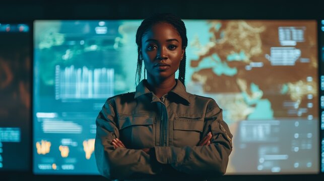 Nigerian Female Analyzing Data on Screen with Map - Powered by Adobe