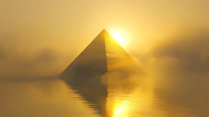 A solitary, enigmatic pyramid rises from a misty lake, bathed in the golden light of a setting sun, symbolizing mystery, isolation, and spiritual connection. Golden Pyramid. Illustration
