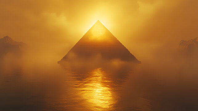 A solitary, enigmatic pyramid rises from a misty lake, bathed in the golden light of a setting sun, symbolizing mystery, isolation, and spiritual connection. Golden Pyramid. Illustration