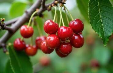 Close-up view of ripe red cherries hanging from branches. Healthy, juicy fruit bunches. Rich green leaves in background. Summer harvest concept in garden setting. Fresh fruit from farm. Ideal for
