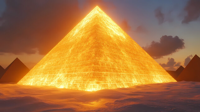 A stunning 3d render of a majestic pyramid made of golden bars illuminated by a radiant sunset glow. Golden Pyramid. Illustration