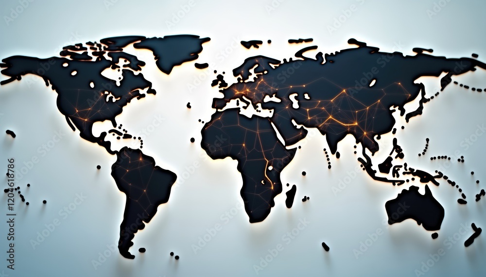 Poster 3D world map shows global interconnectedness. Network of glowing nodes global communication. Futuristic illustration of tech, global business. Digital world map. International connections. Globalized
