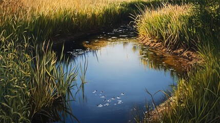 Tranquil Pond Surrounded by Lush Grass