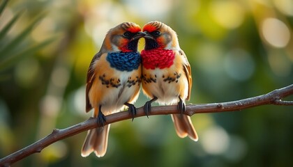 Two Colorful Birds Perched on Branch Close Up Wildlife Photography Vivid Plumage Nature