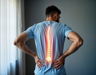 Man feels back pain. Glowing spine representation shows location of discomfort. Possible cause for chronic pain. Health care concept for back pain spine issues. Modern imaging tech highlights health