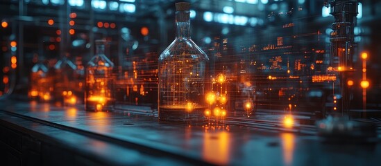 Illuminated laboratory glassware on a dark surface.