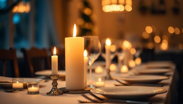 Romantic Dinner Table Setting with Lit Candles Plates and Wine Glasses