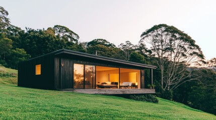 Modern black cabin on grassy hillside at dusk, showcasing large glass windows and interior lighting.