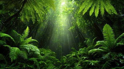 Obraz premium Sunbeams illuminate lush rainforest, ferns, tranquility. Nature background, website, travel